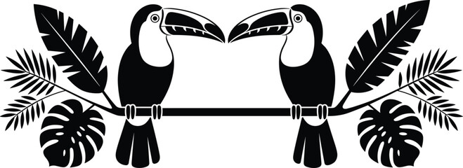 Fototapeta premium Toucan bird silhouette with tropical leaves branch, jungle wildlife nature design, exotic rainforest animal concept, minimalist black flat vector illustration
