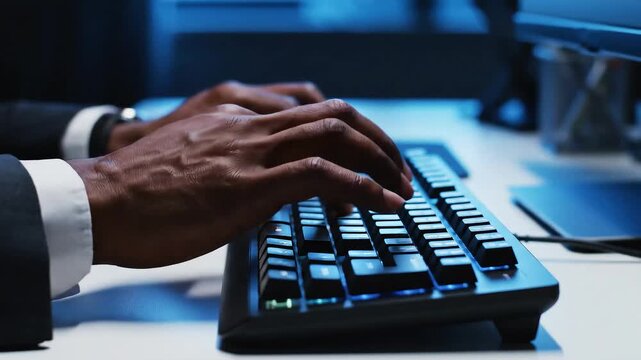 Corporate hands typing with strong downward keystrokes