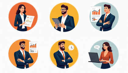 Set of diverse business people avatars in circles. Professionals with charts tablet laptop and clock. Teamwork concept for business strategy presentations.