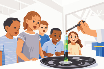 Teacher demonstrating a volcano experiment to a group of curious students.