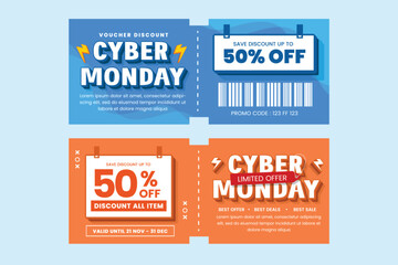 A collection of colorful Cyber Monday discount coupons on a light blue background