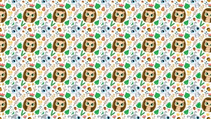 Whimsical forest animals pattern with hedgehogs and rabbits © ALI