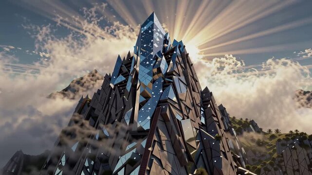 Majestic Futuristic Mountain Peak Piercing Clouds With Radiant Sunburst Effect In Stunning 3d Rendered Landscape Scene