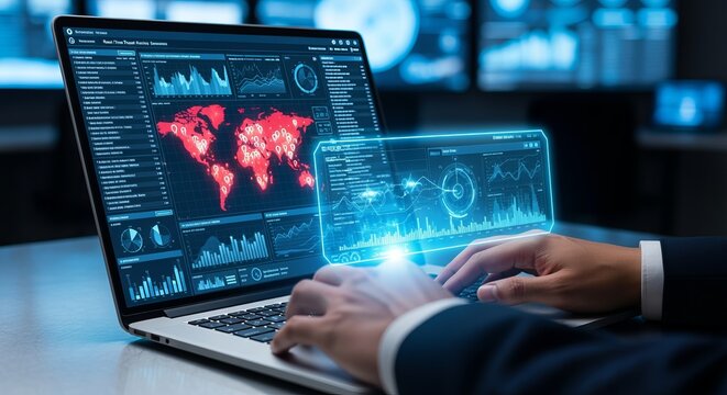 Cybersecurity Expert Analyzing Data Trends on Monitor Screen with World Map, Charts, and Alerts