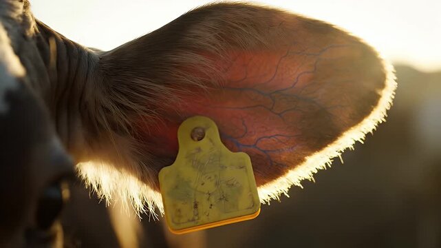 Dairy Cow Ear with ID Tag and Visible Veins at Golden Hour