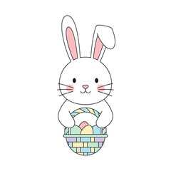 Fototapeta premium Simple illustration of a smiling Easter bunny holding a decorated egg, suitable for children’s products, seasonal marketing, and festive designs. Children’s Products and Toys, Holiday and Seasonal Mar