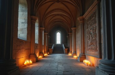 Obraz premium Long stone hallway inside ancient church lit by many candles. Tall arched windows and stone columns frame the walkway. Ornate carvings decorate one wall. Stairs ascend to large arched window.