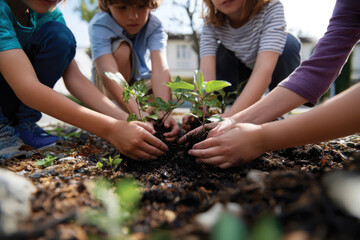 Fototapeta premium A group of children joyfully planting seedlings in a garden, showcasing teamwork and connection with nature during a sunny day filled with outdoor learning and growth.