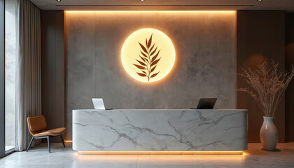 Fototapeta premium Modern reception desk with marble finish and glowing plant logo. Laptops sit on counter, chair nearby. Interior space feels calm, elegant, and pro.
