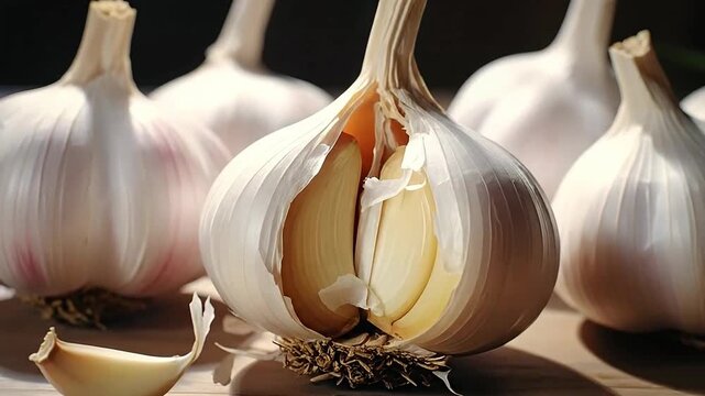 Close-up of fresh garlic bulbs are arranged on a wooden surface in the kitchen, ready for cooking.