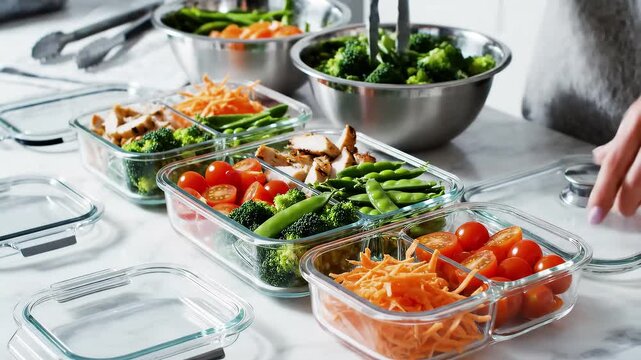 Hands placing prepared vegetables into transparent glass meal-prep containers