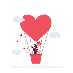 Love couple flying on balloon in the sky. Romantic date Flat cartoon. Man and woman of lovers inside hot air balloon. Hearts, love, romantic greeting card for 14 February. Valentine's day banner.