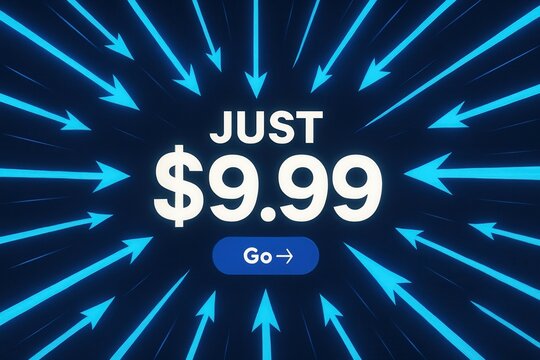 Sale banner with JUST $9.99 promotional offer, dynamic style, eye-catching retail discount design.