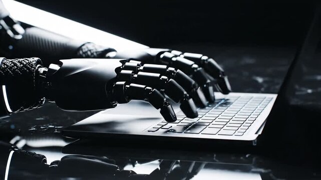 Humanoid robotic hands typing slowly on premium laptop, matte black titanium fingers