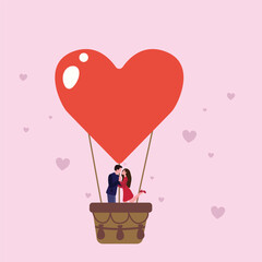 Love couple flying on balloon in the sky. Romantic date Flat cartoon. Man and woman of lovers inside hot air balloon. Hearts, love, romantic greeting card for 14 February. Valentine's day banner.