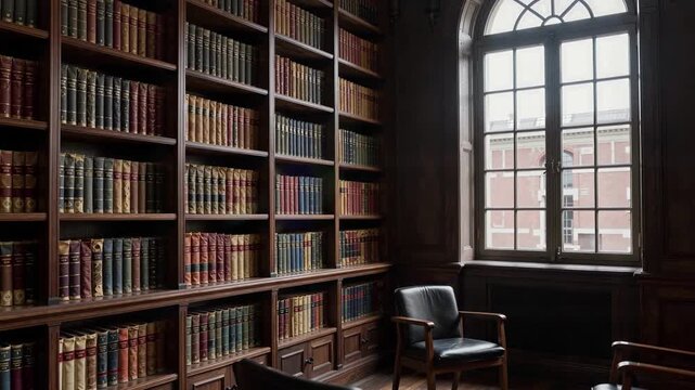 Serene Library Corner Featuring Tall Wooden Bookshelves Filled With Vintage Books And Two Leather Chairs Bathed In Natural Light From Arched Window