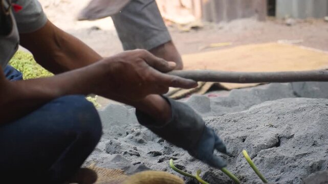 Tender jowar is removed from bhatti and dusted during hurda pok season, showing traditional roasting of fresh sorghum in rural Maharashtra and Surat region, capturing harvest ritual, heat, smoke.