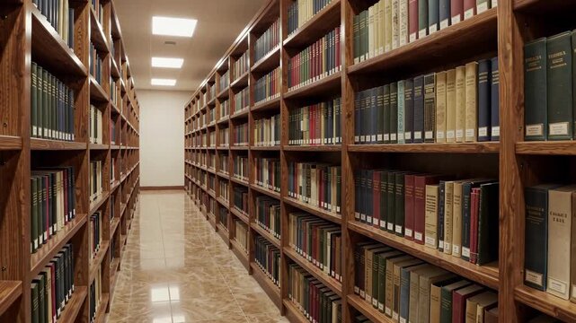 Serene Library Aisle Lined With Wooden Bookshelves Filled With Classic Bound Volumes Under Bright Ceiling Lights Offering Tranquil Educational Ambiance