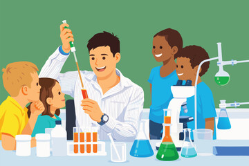 Diverse group of young students learning chemistry in school laboratory.