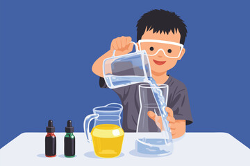 Young boy performing science experiment by pouring liquid into beaker.