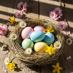 Obraz premium Pastel Easter eggs arranged in a natural nest with spring flowers, suitable for seasonal campaigns and editorial storytelling. Holiday and Seasonal Marketing, Editorial and Magazine Content