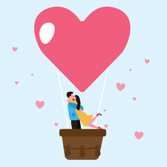 Love couple flying on balloon in the sky. Romantic date Flat cartoon. Man and woman of lovers inside hot air balloon. Hearts, love, romantic greeting card for 14 February. Valentine's day banner.