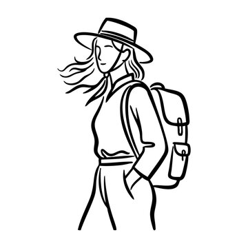 Senderismo en la naturaleza. Dibujo sencillo con l&iacute;neas de una mujer con sombrero caminando con una mochila a la espalda 