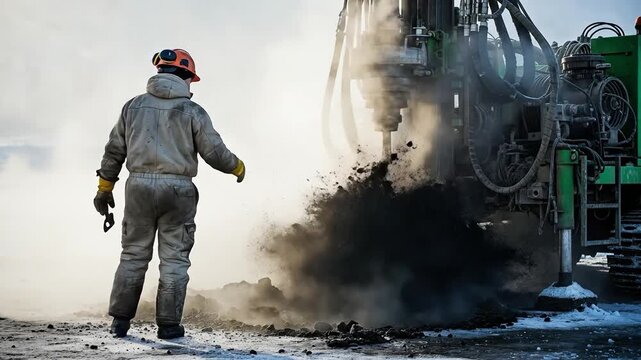 drilling worker standing next to drilling machinery outdoors in winter