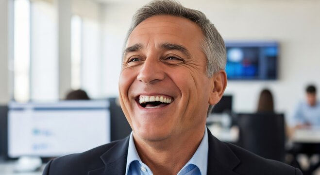 Portrait of a happy middle-aged Caucasian businessman laughing in a modern office setting, successful mature male professional smiling at work with colleagues in the background.