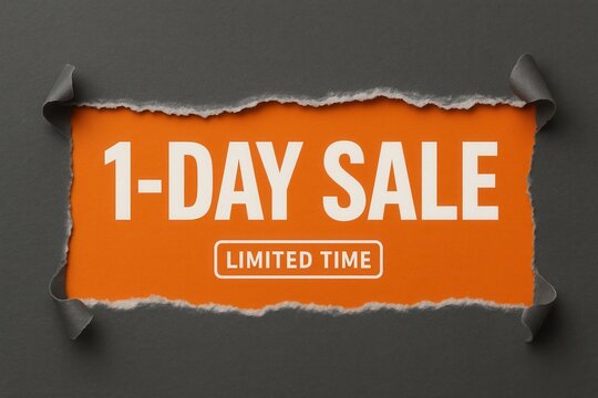 1-DAY SALE with LIMITED TIME offer, ripped paper style, striking retail discount promotion.