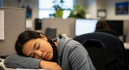 Fototapeta premium Young Asian Woman Sleeping at Her Desk in a Modern Office Cubicle, Tired Female Employee Taking a Nap During Work Hours, Concept of Burnout and Exhaustion