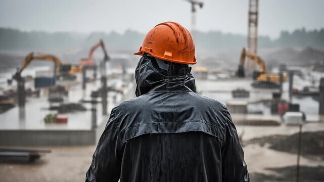 Back view of a male construction worker in an orange hard hat and black raincoat standing at a muddy construction site during heavy rain with cranes and excavators in the background
