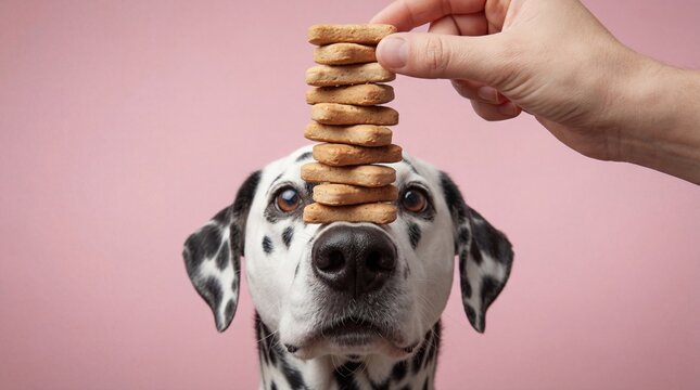 Man hand hold cookie stack on dalmatian dog head for pet treat training. Balancing snack food on animal while it waits for reward.