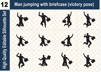 Silhouette set of a successful businessman jumping with a briefcase in victory pose, representing career growth, professional achievement, and joy.