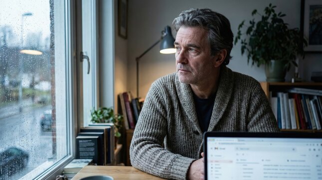 Senior Caucasian Man looking out rainy window, thoughtful and pensive, at home office desk with laptop Concept of contemplation, solitude, and introspection during bad weather