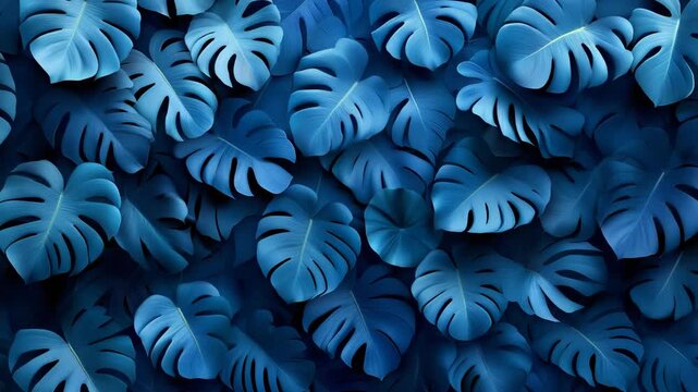 A sea of blue-toned monstera leaves overlapping, creating a lush, textured, and graphic background