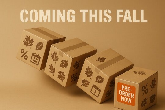Coming this fall pre-order now banner with promotional offers, natural earthy style, engaging retail discount appeal.