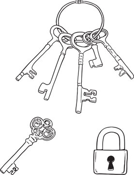 Vector set of vintage skeleton keys on a ring and a classic padlock. Hand-drawn antique illustrations in black and white line art for security and mystery.