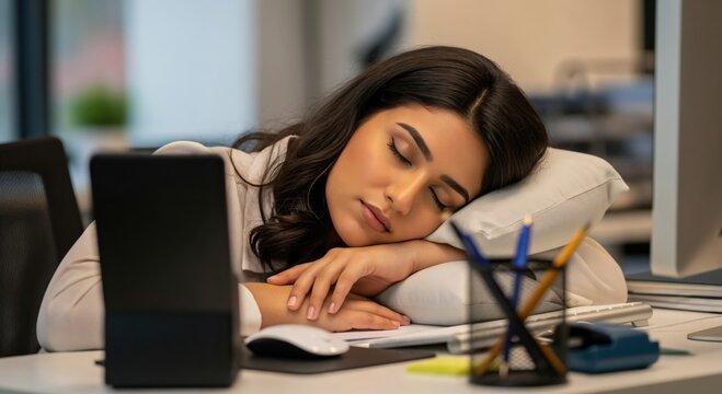 Exhausted young Indian businesswoman sleeping on a pillow at her office desk during a break, tired professional woman taking a nap at work