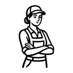 Símbolo de trabajo industrial. Dibujo sencillo con líneas de una mujer con brazos cruzados con ropa de trabajo © teracreonte