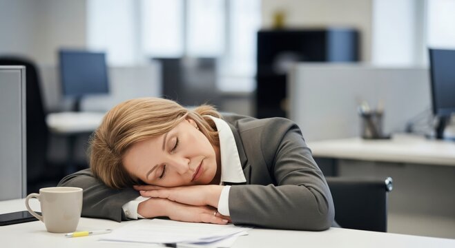 Exhausted middle aged Caucasian businesswoman sleeping at her desk in a modern office environment, tired female employee taking a nap during work hours