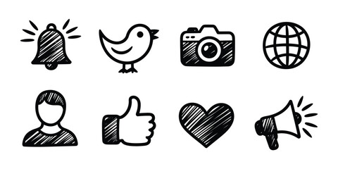 Social Media Sketch Icons in black doodle style, notification bell, bird, camera, globe, user, like, heart, megaphone vector illustration. © Ayat 03