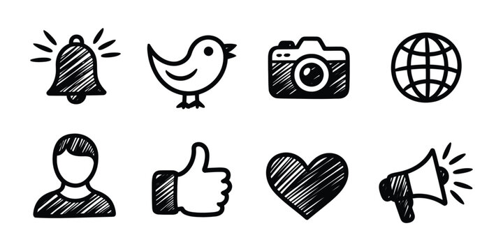 Social Media Sketch Icons in black doodle style, notification bell, bird, camera, globe, user, like, heart, megaphone vector illustration.