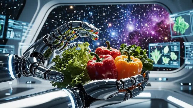Flawless futuristic robotic hands holding fresh vegetables