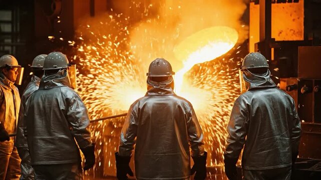 Group of male industrial workers in heat resistant silver suits and hard hats watching molten metal pouring in a steel mill foundry during heavy industry production.