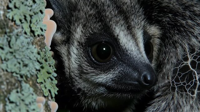 Asian Palm Civet Hiding Extreme Closeup of Face at Night