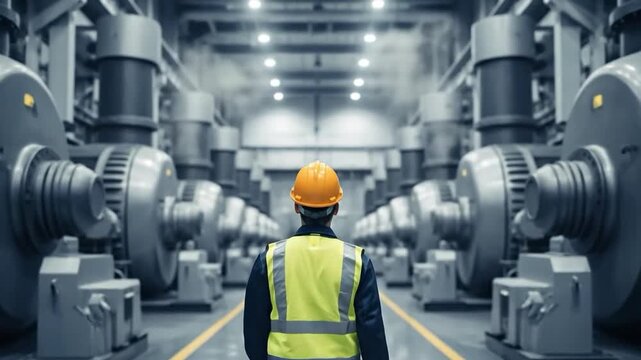 Professional male engineer wearing a yellow hard hat and high-visibility vest standing in a modern industrial facility with rows of large turbines and machinery
