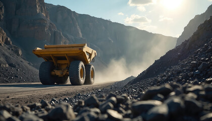 Fototapeta premium Heavy yellow dump truck drives on dirt road in dusty open pit mine. Massive wheels move load of rocks and earth. Mountains surround excavation site during daytime.