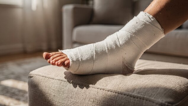 A person's foot encased in a thick white plaster cast rests on a cushioned footstool in a bright living room symbolizing the patient recovery process after a serious ankle fracture.