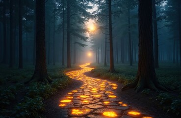 Obraz premium Forest path illuminated by glowing stones leading through dark woods with setting sun light beams. Tall trees stand on sides creating magical forest atmosphere. Nature trail glows.